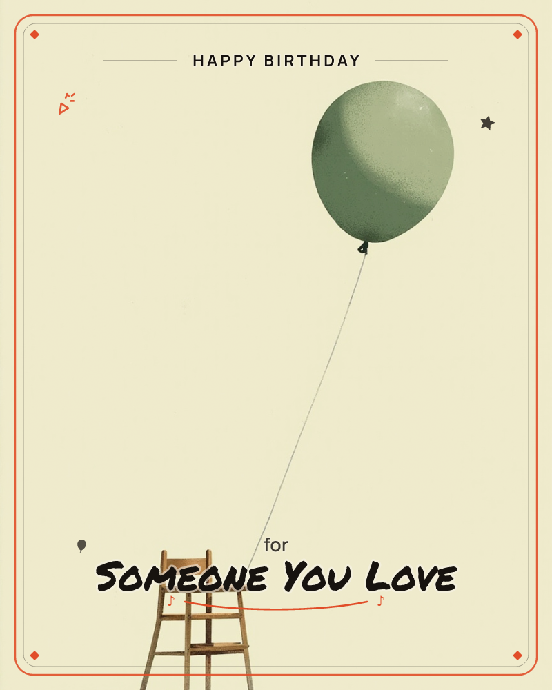 A single sage-green balloon floats at the top of the page, its string tied to the back of an empty wooden chair below, a birthday e-card design