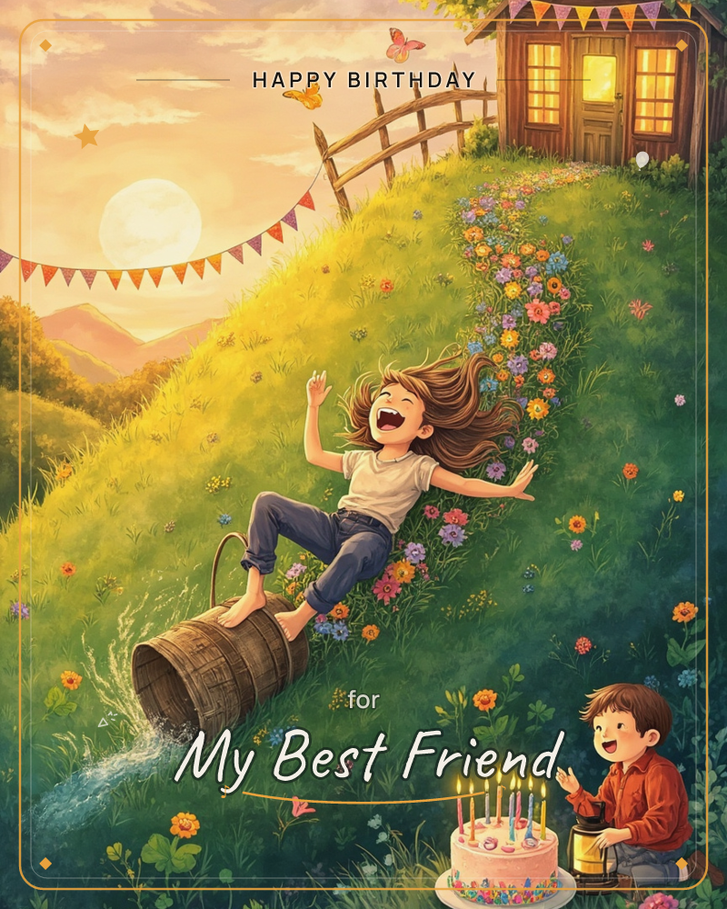 A sunset hillside of wildflowers and swaying grass, a wooden barrel tumbling downhill past fluttering butterflies, a glowing cottage strung with…, a birthday e-card design by @DittyCityTeam