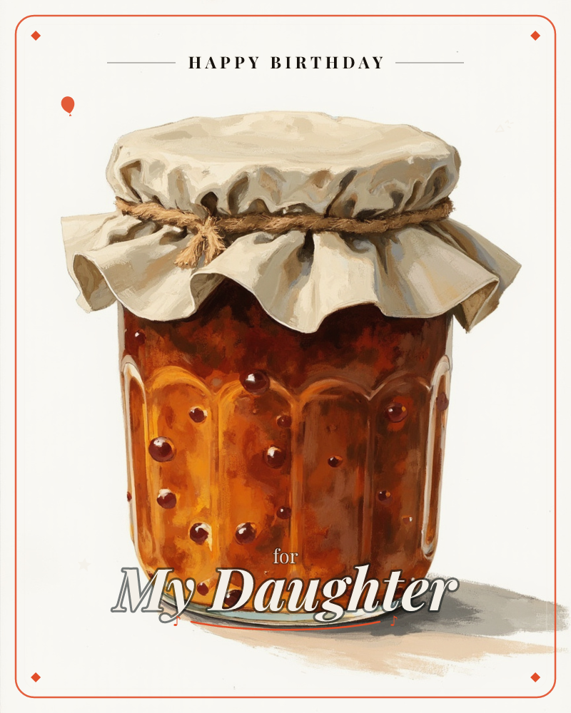 A homemade jar of preserves sits against a plain white background, its glass ribbed sides catching the light through amber jam studded with whole berries, a birthday e-card design