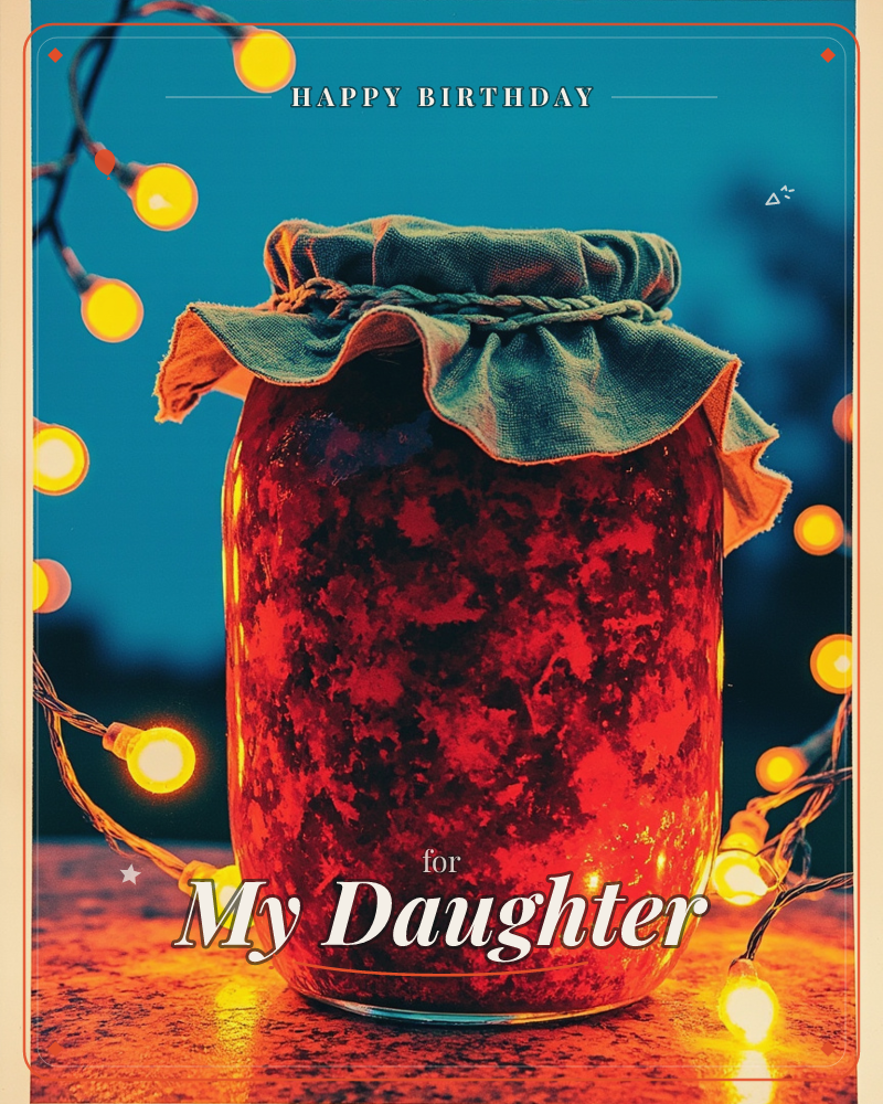 A glass jar of deep red preserves sits on a speckled stone surface, its lid tied with a faded teal cloth cover, a birthday e-card design