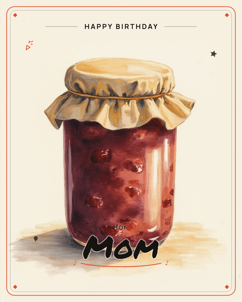 A glass jar of dark berry jam sits alone on a warm cream background, its lid covered with a gathered paper cap tied at the neck, a birthday e-card design