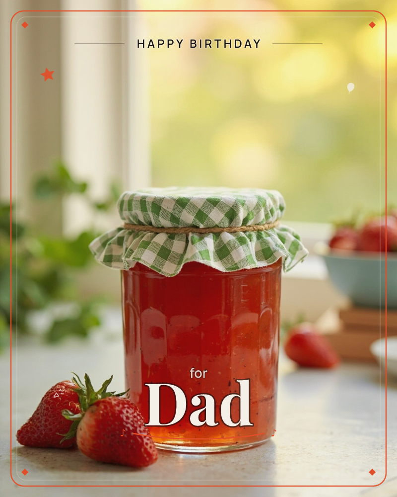 A glass jar of homemade strawberry jam sits on a pale stone windowsill, its lid covered with a green gingham cloth tied with string, a birthday e-card design