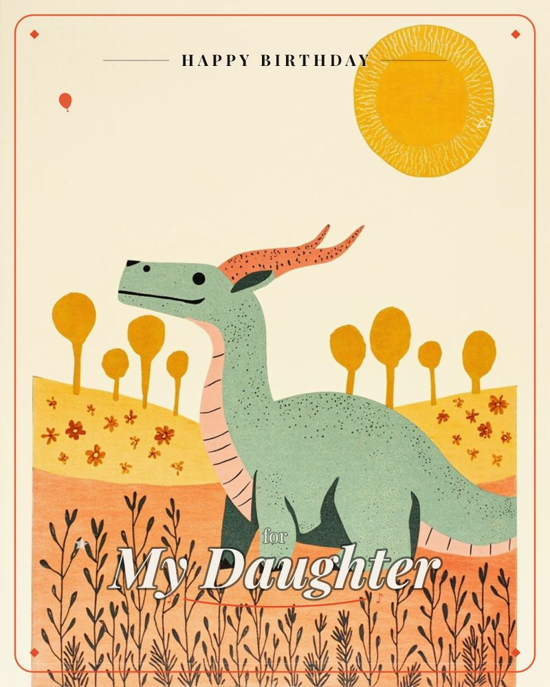 A speckled sage-green dinosaur with coral horns strides over golden hills under a bold yellow sun, its long neck curving upward with a gentle smile, a birthday e-card design