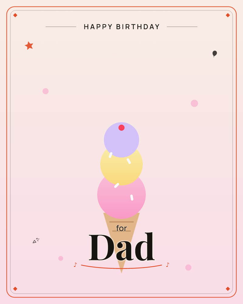 A triple-scoop ice cream cone sits centred on a soft blush-to-mauve gradient, with pink, yellow, and lavender scoops topped by a single red cherry, a birthday e-card design by @DittyCityTeam