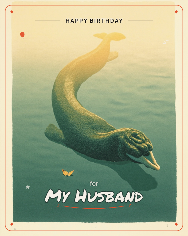 A surreal, curling sea-creature with the head of a seal and the tail of a whale arcs gracefully out of calm water, its curved body forming a glowing…, a birthday e-card design