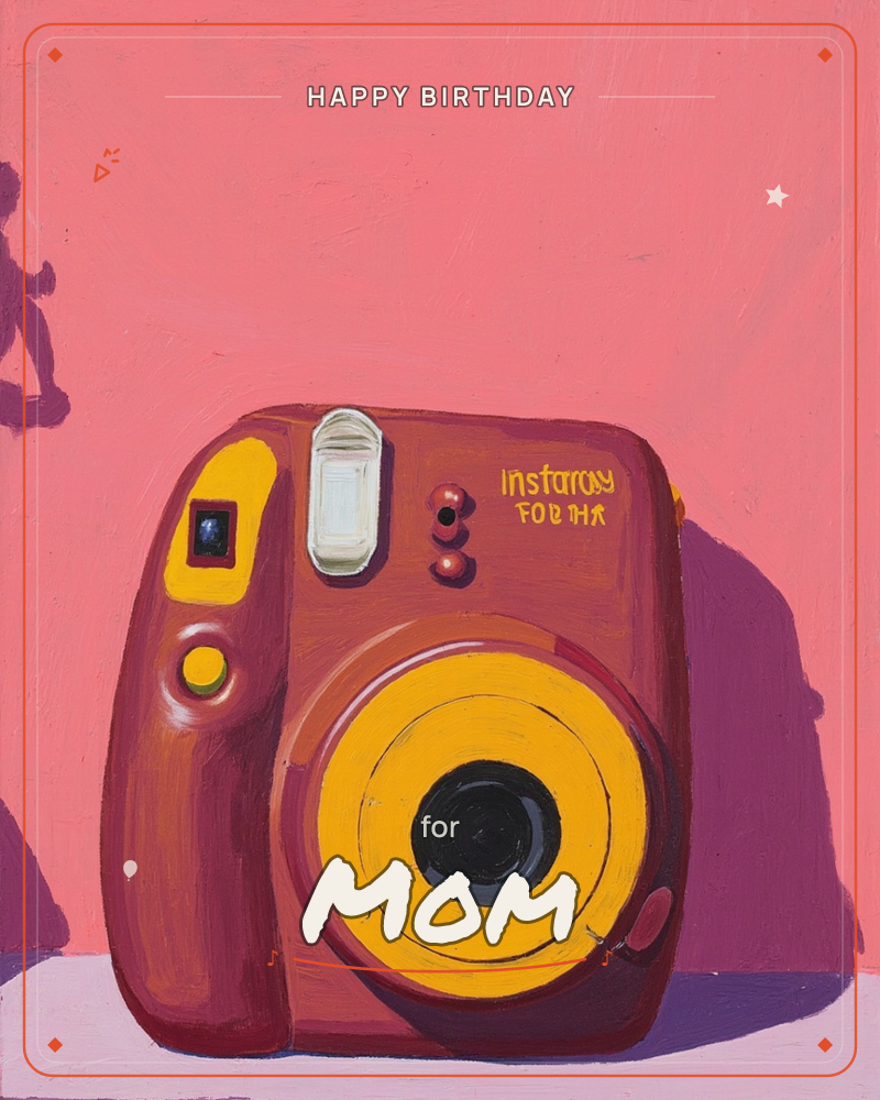 A retro instant camera in maroon and mustard yellow sits front and centre against a bold pink wall, its lens rendered as a dark bullseye and a strong…, a birthday e-card design