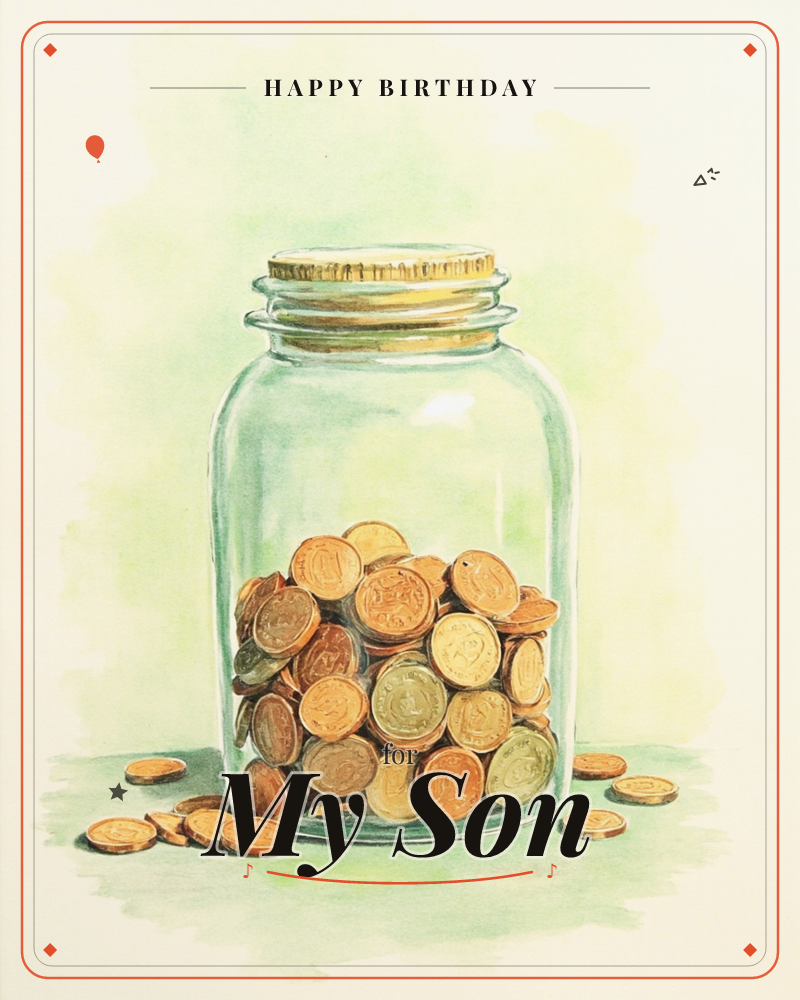 A glass jar with a wooden-topped lid sits full of gold coins, a few spilling loose onto the surface beside it, a birthday e-card design