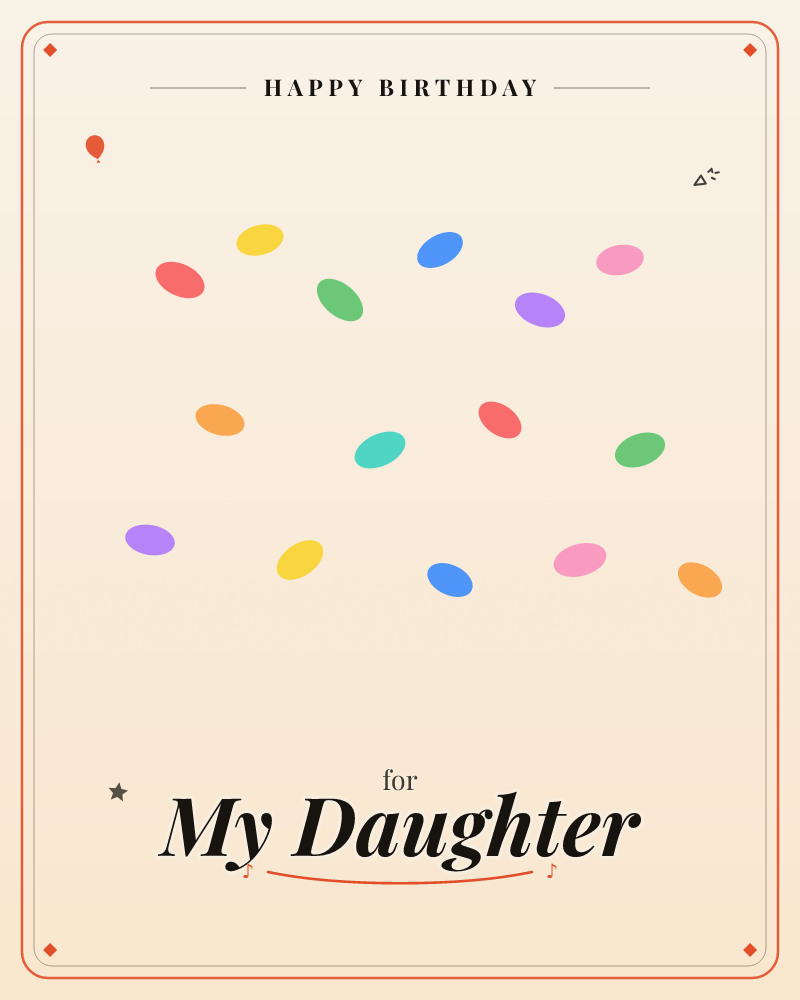 A soft cream background glows warm at the center and fades to shadowy taupe at the edges, scattered with small confetti-like ovals in red, yellow…, a birthday e-card design by @DittyCityTeam