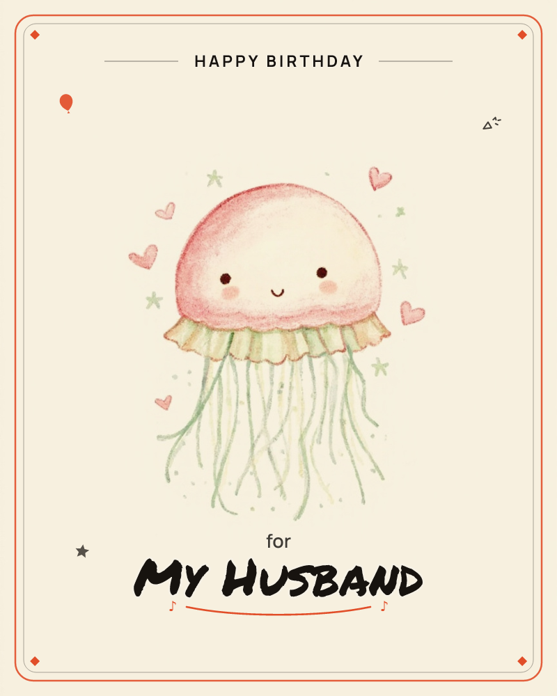 A round-headed jellyfish with a soft pink dome, rosy cheeks and a gentle smile floats on a warm cream background, a birthday e-card design