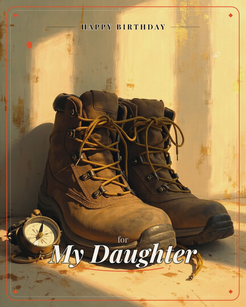 A worn pair of leather work boots sits against a sunlit, cream-washed wall, their laces loosely undone and a small brass compass resting beside them, a birthday e-card design