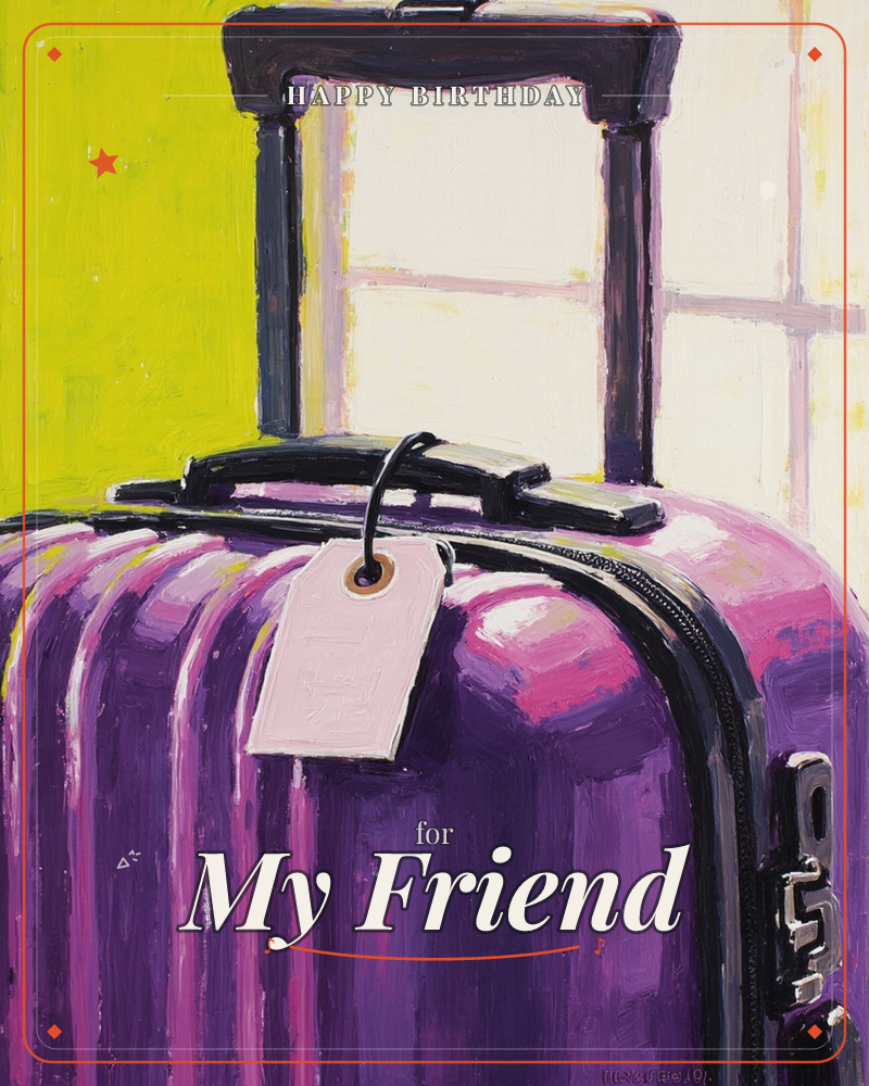 A close-up painting of a purple hard-shell suitcase, its telescopic handle raised and a blank luggage tag swinging from the grip, a birthday e-card design