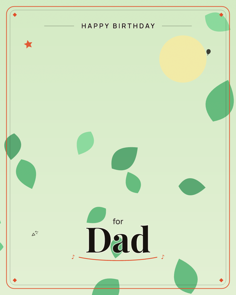 A soft pale-green background glows around a warm yellow sun in the upper right, while simple green leaf shapes drift and scatter across the whole card…, a birthday e-card design by @DittyCityTeam