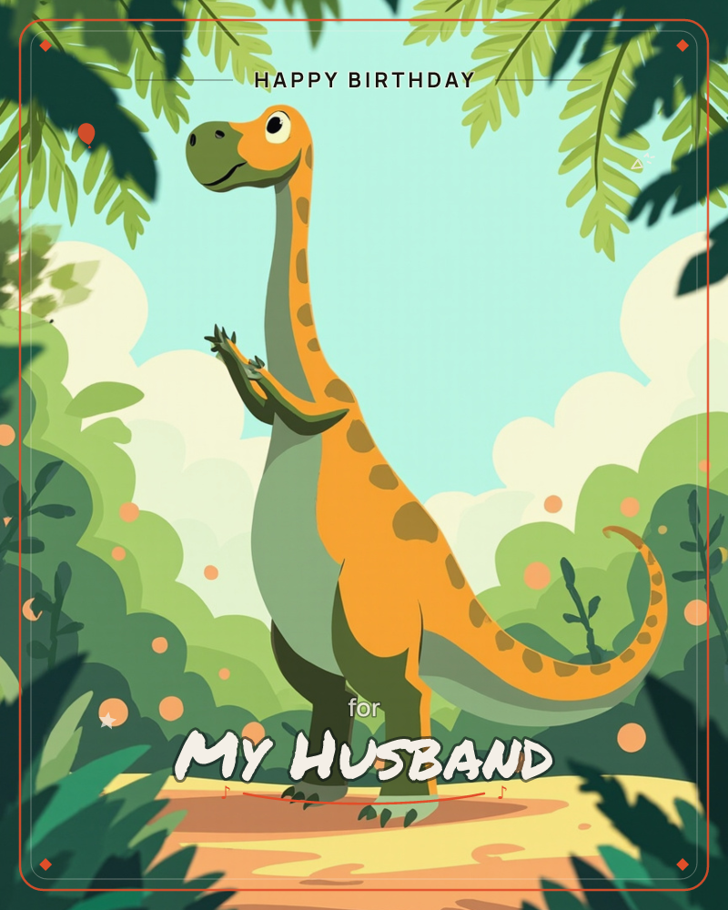 A friendly orange and green long-necked dinosaur stands on its hind legs in a lush prehistoric clearing, framed by dark palm fronds and rounded jungle…, a birthday e-card design