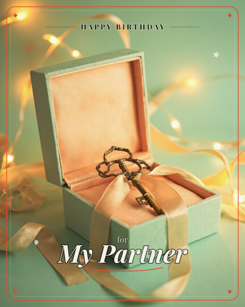 An ornate antique-style key rests inside an open mint-green box lined in peach velvet, tied loosely with a satin ribbon, a birthday e-card design