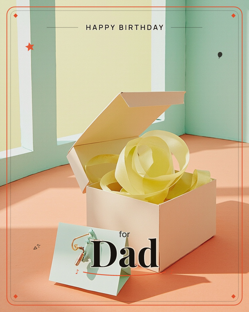 A cream gift box sits open on a coral-pink surface, its lid tilted back to reveal loops of pale yellow curling ribbon spilling out, a birthday e-card design