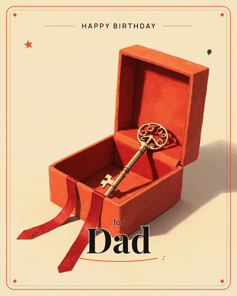 An open velvet box in warm burnt orange holds an ornate gold key resting on plush padding, its ribbons trailing loose over the edge, a birthday e-card design