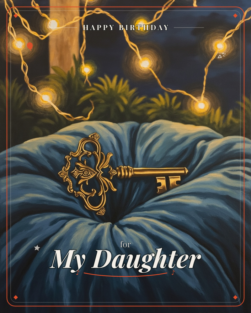 An ornate brass skeleton key rests atop a deep blue velvet cushion, its ruffled folds catching soft light, a birthday e-card design