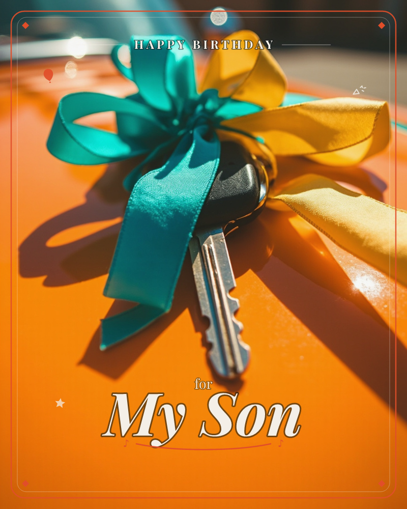 A single car key with a black fob rests on a glossy orange car hood, wrapped in curling teal and gold ribbon bows, a birthday e-card design