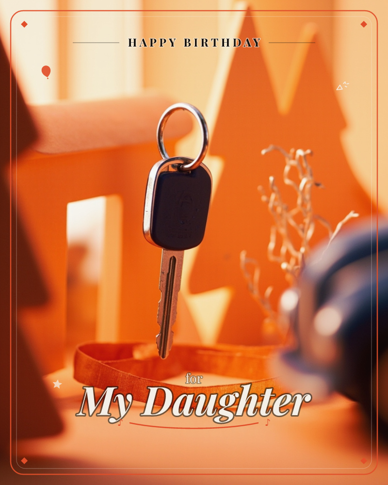 A car key with a black fob hangs in sharp focus against a warm orange backdrop of paper-cut trees and a house shape, with a curl of ribbon looped…, a birthday e-card design