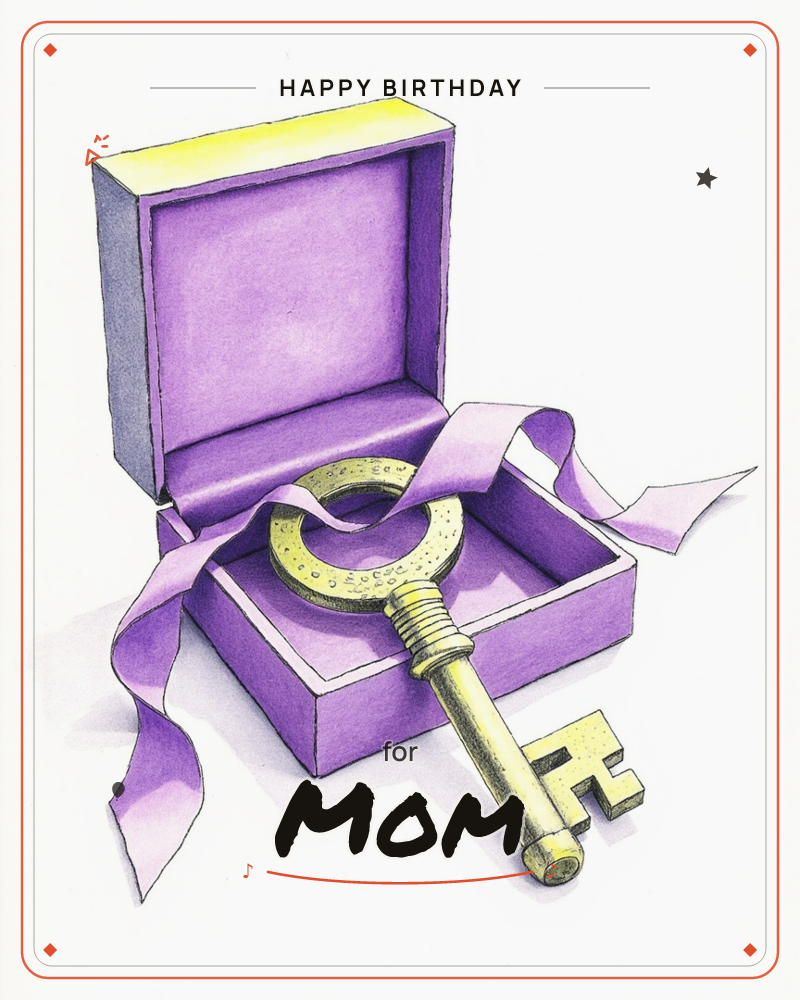 An open purple jewellery box lined in soft lavender sits against a plain white background, a large golden ornamental key resting inside it with a…, a birthday e-card design