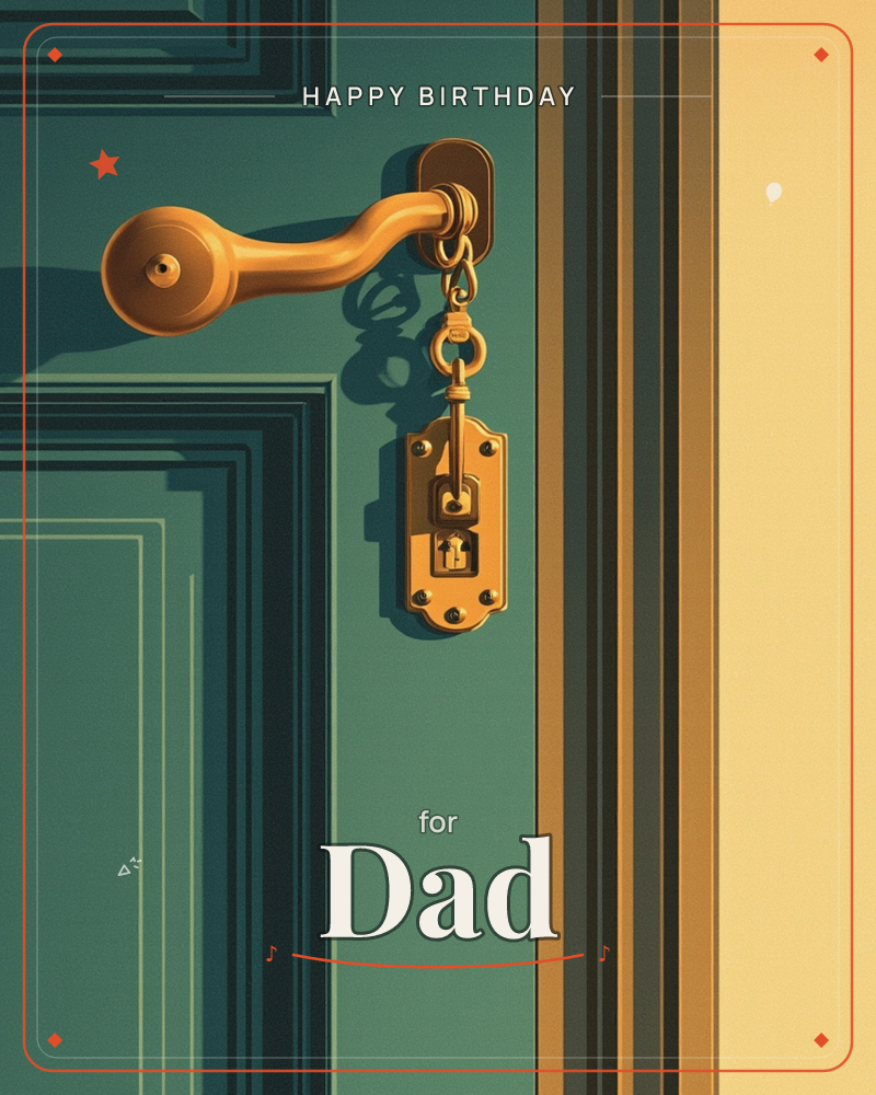 A close-up of a paneled teal door with a polished brass lever handle, from which a small brass keyhole ornament hangs on a hook, a birthday e-card design