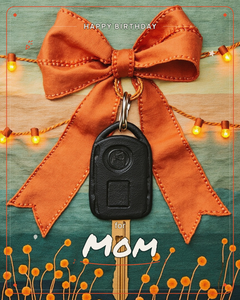 A car key with its black fob dangles from a big stitched-orange fabric bow, framed by a string of warm fairy lights and small orange flowers below, a birthday e-card design