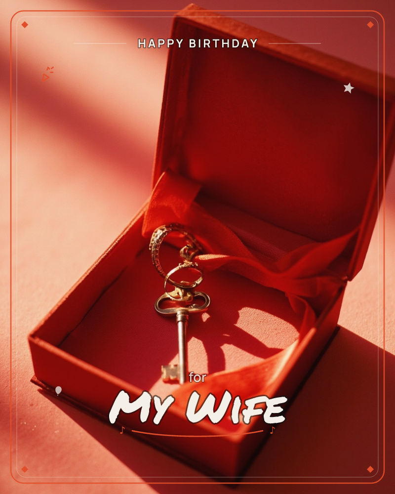 An ornate gold key rests inside an open red box, tied with a loose ribbon of matching sheer fabric, a birthday e-card design
