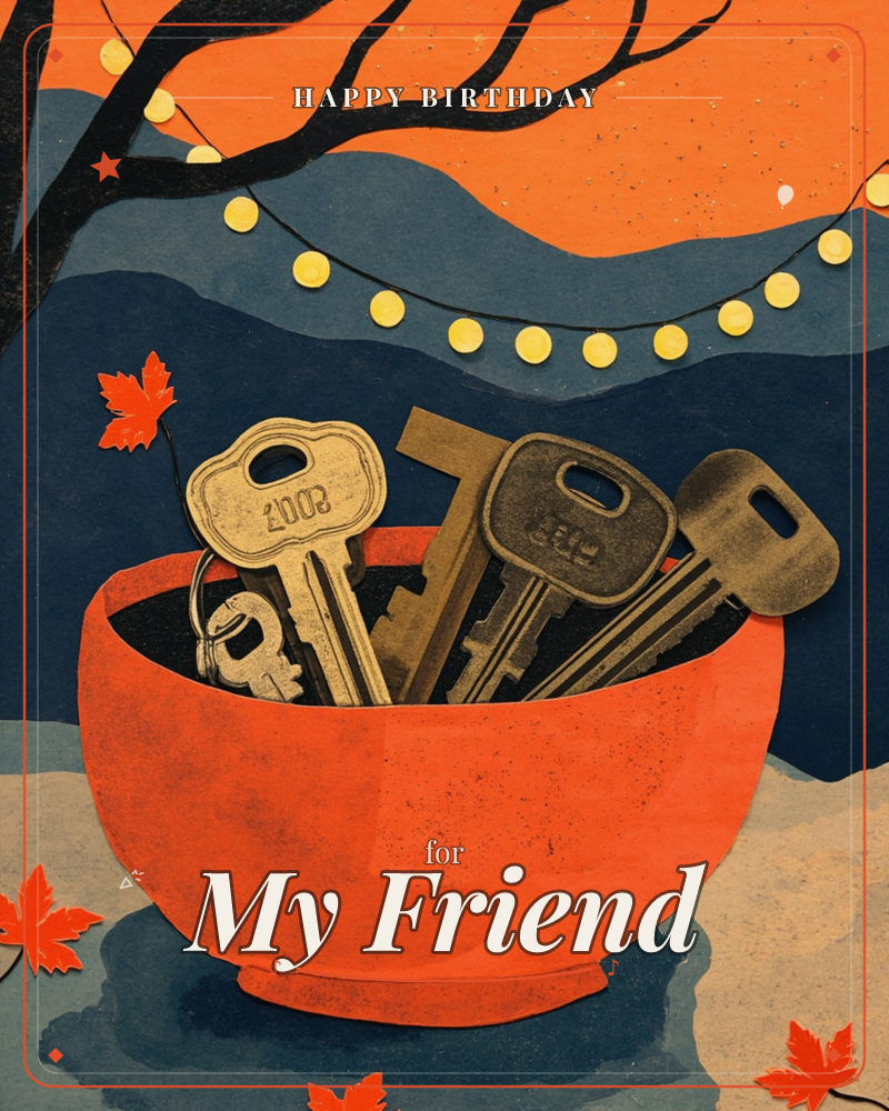 A bright orange bowl overflows with an odd assortment of old keys, sitting beneath a bare tree strung with a looping string of warm little lights, a birthday e-card design