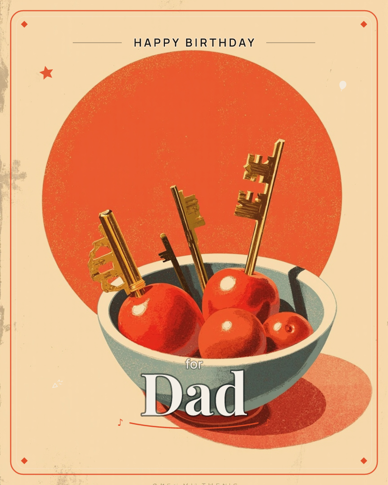 A pale blue bowl of glossy red apples sits against a bold orange sun-like circle, with three gold keys planted upright among the fruit like stems, a birthday e-card design