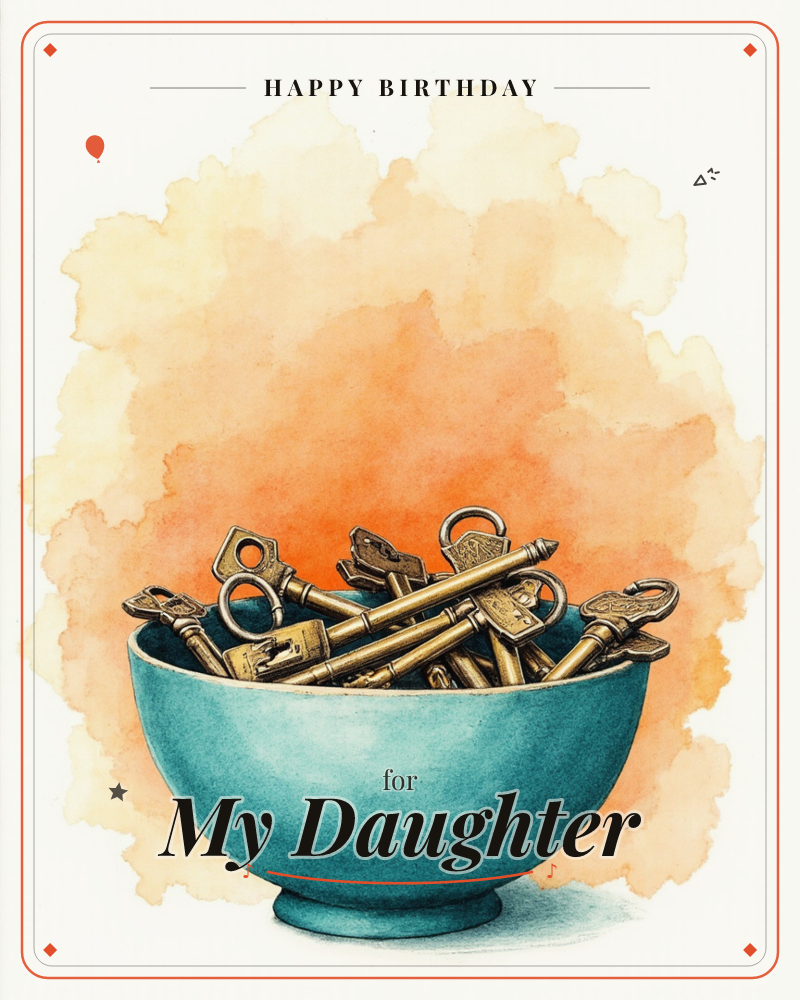 A teal ceramic bowl overflows with an assortment of ornate brass and gold keys of every shape, set against a warm blooming wash of orange and peach…, a birthday e-card design