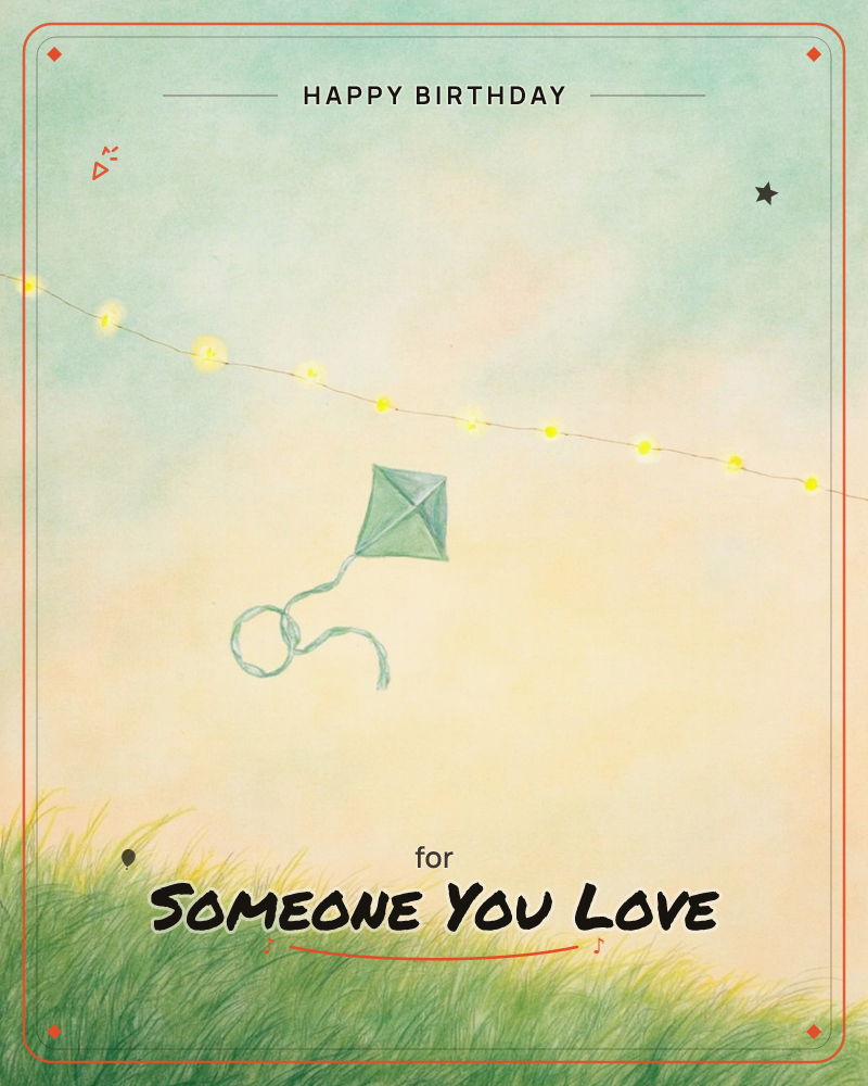 A single green kite drifts against a soft peach-and-mint sky, its string strung with glowing yellow lights like a garland of fireflies, a birthday e-card design
