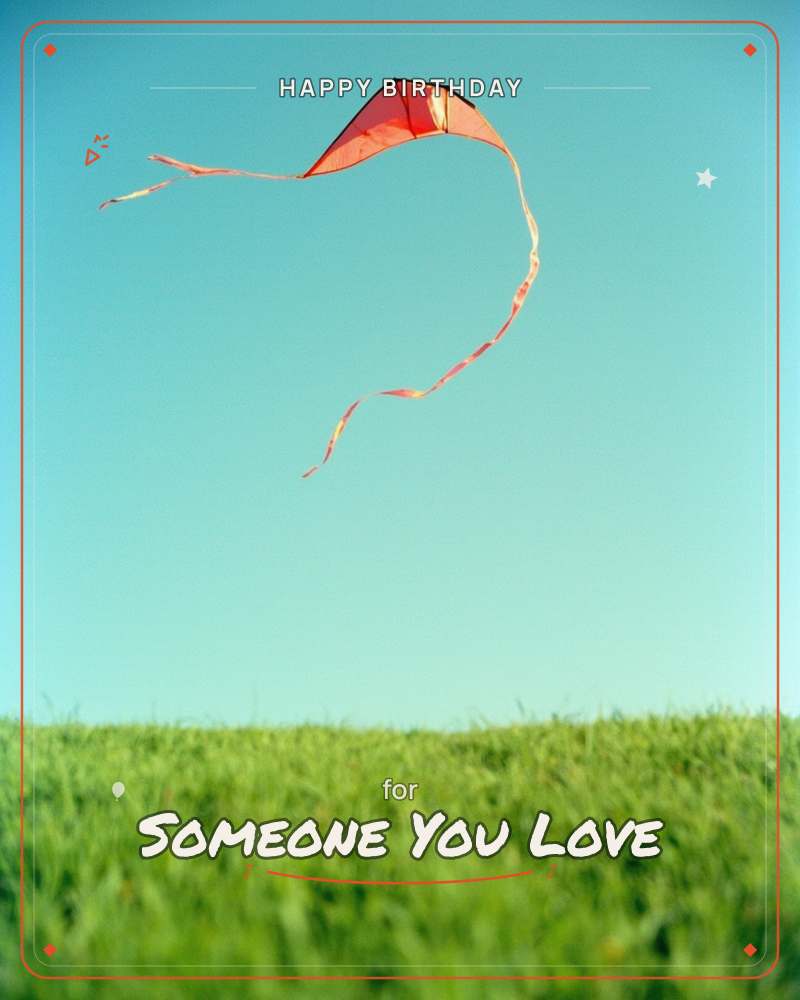 A single red kite dips and curls against a wide, cloudless turquoise sky, its long ribbon tail whipping into a loose spiral above a bright green field, a birthday e-card design