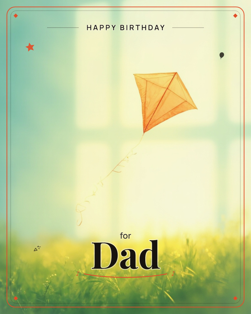 A single orange diamond kite drifts against a pale, sun-washed sky, its curling tail looping loosely beneath it, a birthday e-card design