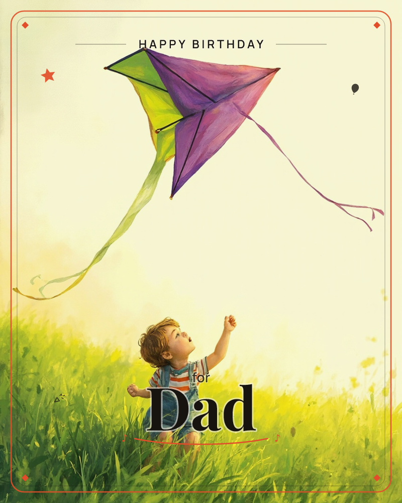 A small child in striped shirt and denim overalls stands in tall golden-green grass, one arm raised toward a large diamond kite in purple, pink and…, a birthday e-card design
