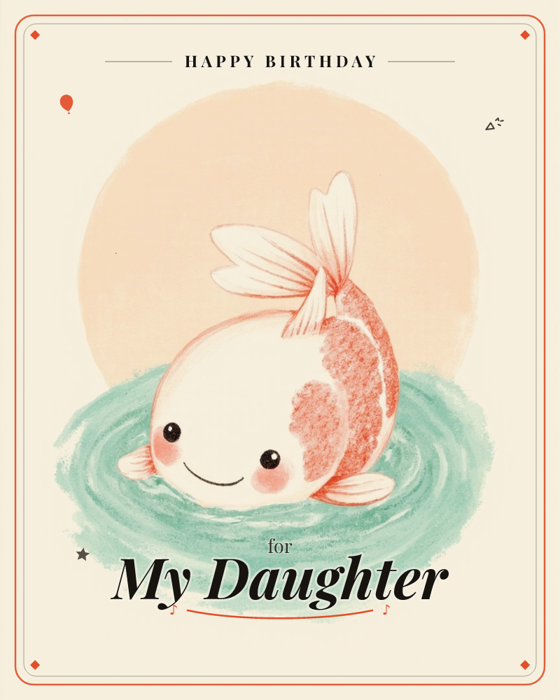 A round-bellied goldfish with blushing cheeks peeks up through a swirl of teal water, a soft peach sun glowing behind it like a halo, a birthday e-card design