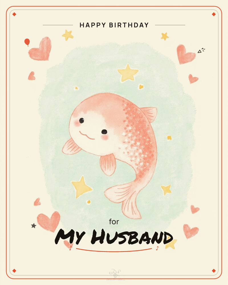 A rosy-cheeked koi fish with a cheerful smiling face floats against a soft mint-green watercolour cloud, its body dusted with tiny star-shaped scales, a birthday e-card design