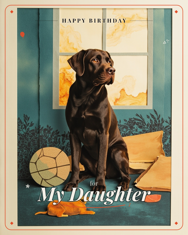 A chocolate brown Labrador sits alert in front of a paned window, its glass swirling with warm amber light like a marbled sunrise, a birthday e-card design