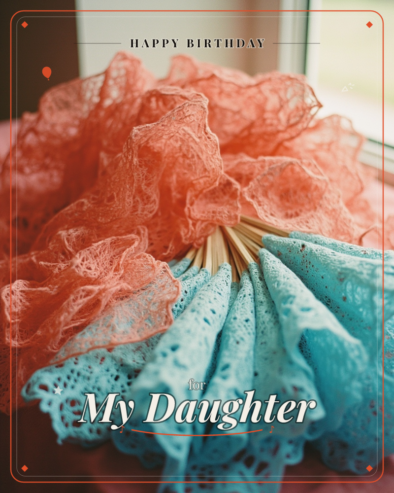 A photographic close-up shows a folded fan of delicate lace, half coral-orange and half turquoise, its ruffled edges fanning out against a soft window…, a birthday e-card design