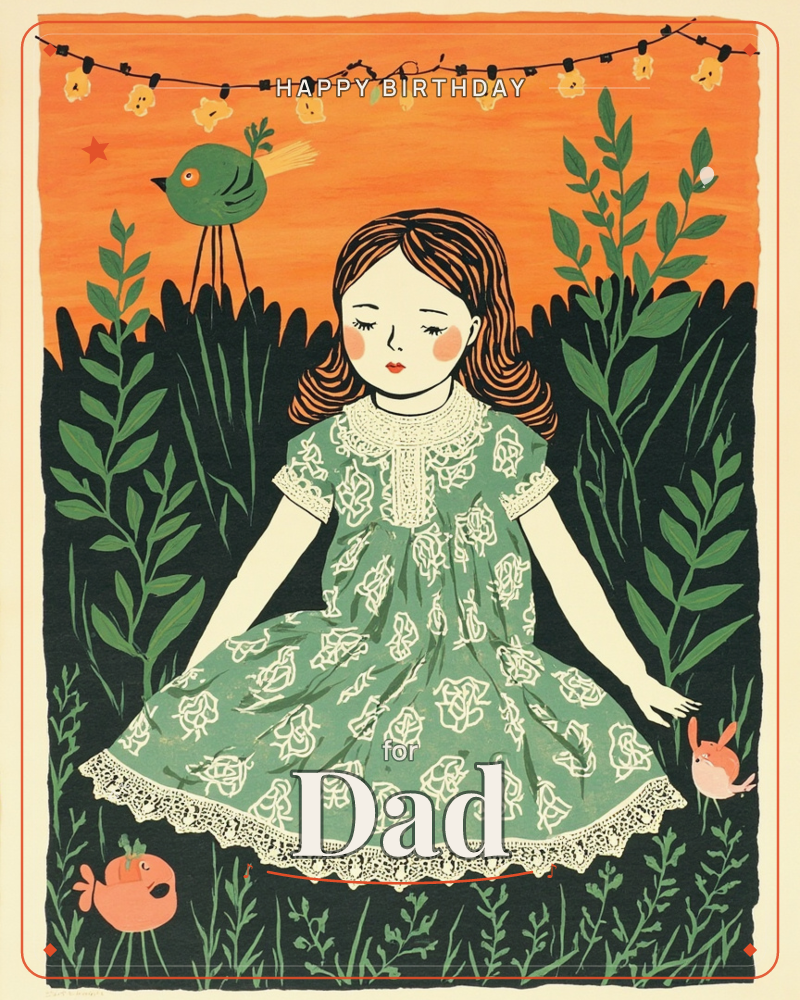 A young girl with auburn hair sits amid dark green foliage in a lace-trimmed patterned dress, eyes closed peacefully, while a string of fairy lights…, a birthday e-card design
