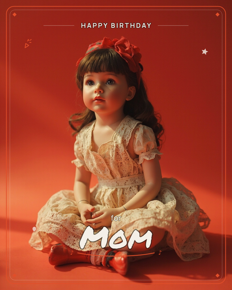 A porcelain-faced doll sits cross-legged against a deep red backdrop, dressed in a cream lace dress with a red flower headband and matching red shoes, a birthday e-card design