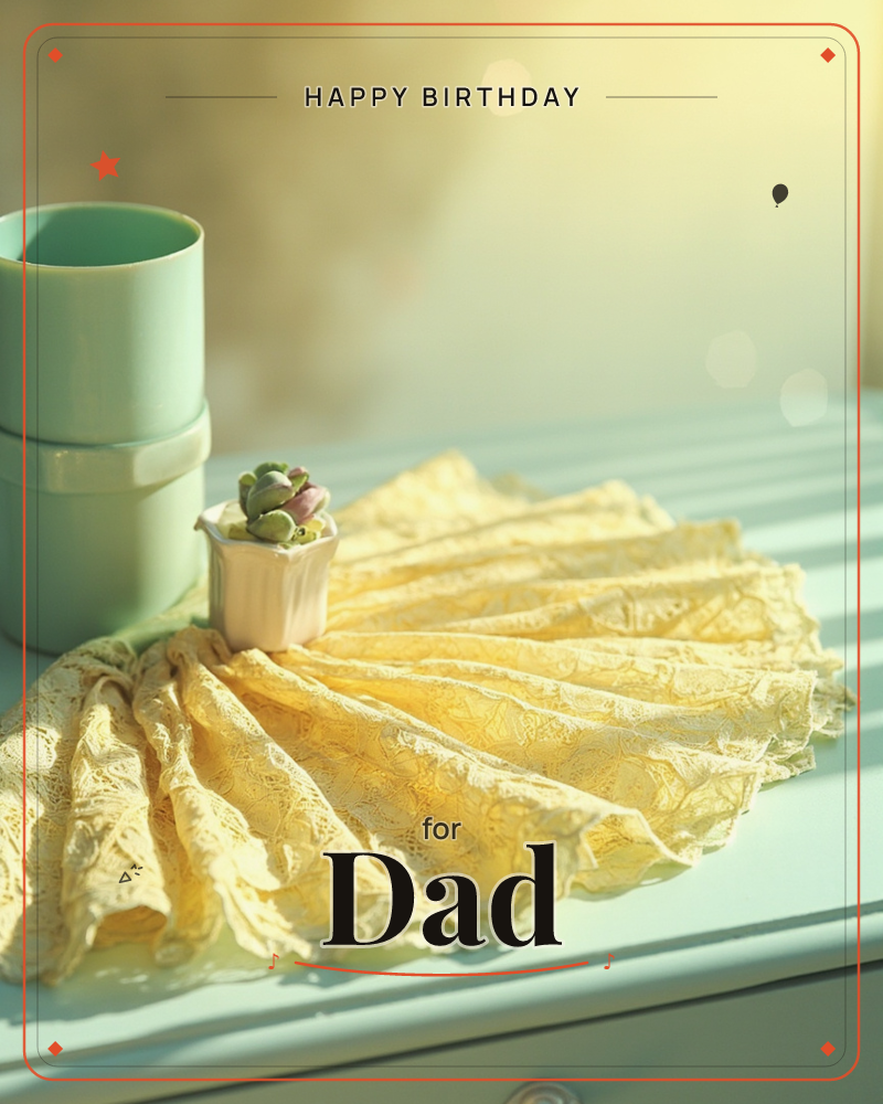 A pale mint-green mug sits beside a tiny potted succulent on a slatted wooden surface, with a fan of golden lace draped in soft folds beneath them, a birthday e-card design