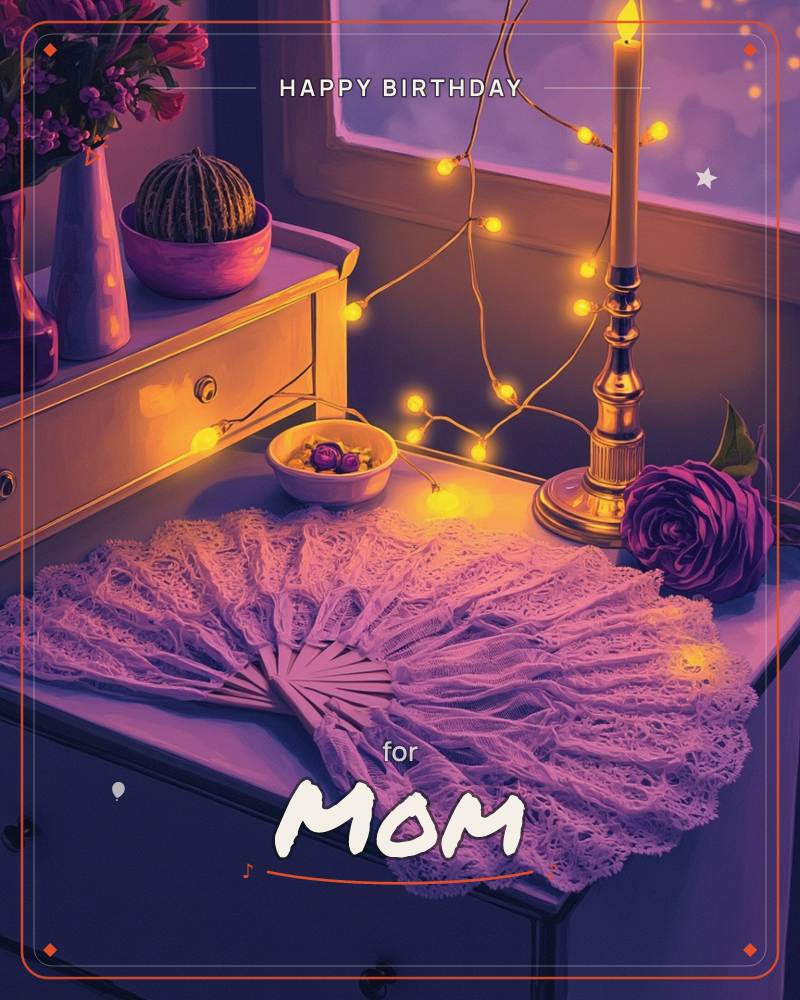 A dresser top is arranged with a lace fan spread open beside a lit brass candlestick, strings of warm fairy lights, a dark rose, and small bowls of…, a birthday e-card design