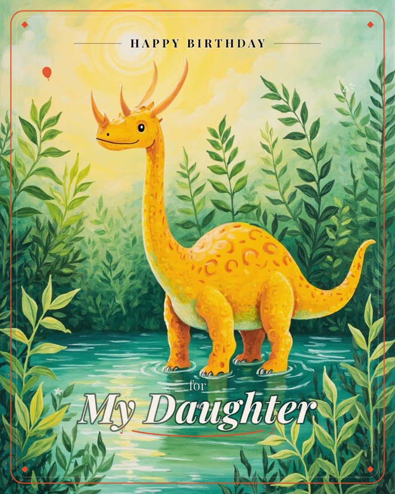 A cheerful yellow-orange dinosaur with small curved horns wades through a green pond, its long neck curling toward a bright sun overhead, a birthday e-card design