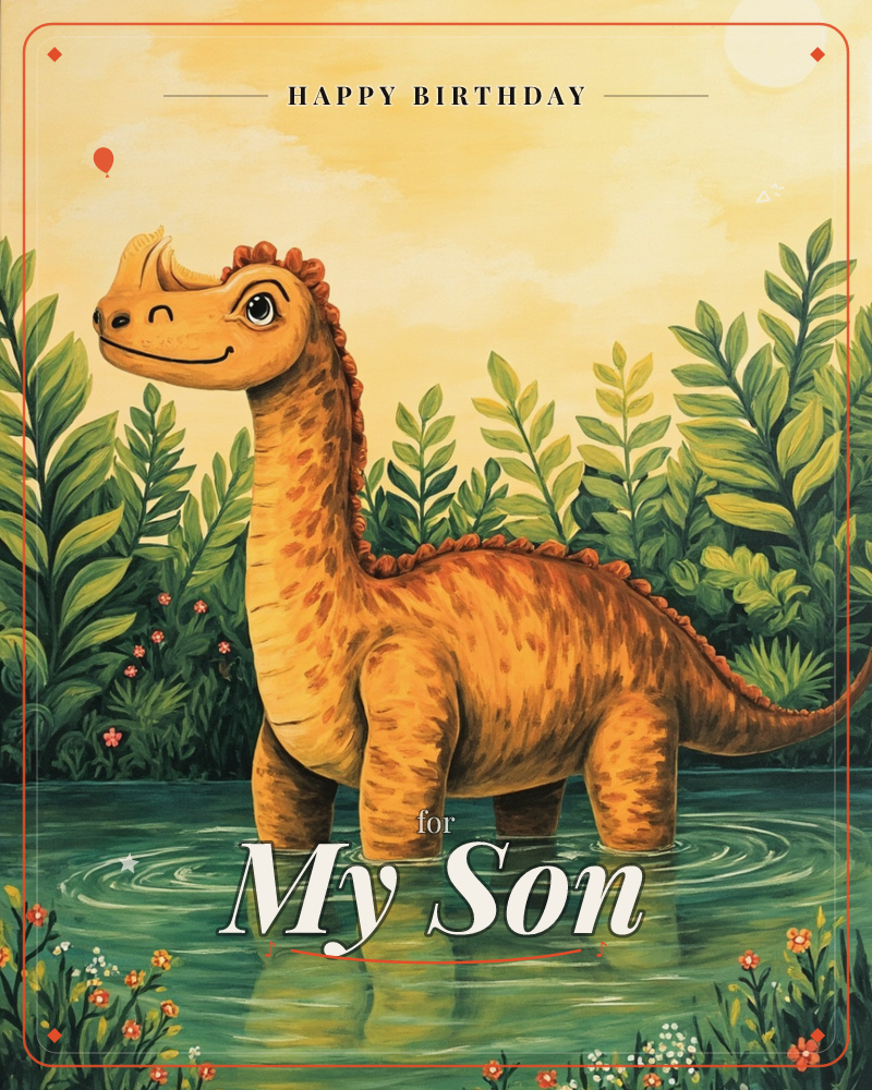 A friendly long-necked dinosaur wades through a still pond, its orange-and-brown speckled body mirrored in the calm water below, a birthday e-card design