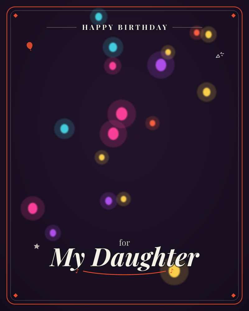 A deep black background glows with scattered soft-edged orbs of colour drifting like bokeh lights caught out of focus, a birthday e-card design by @DittyCityTeam