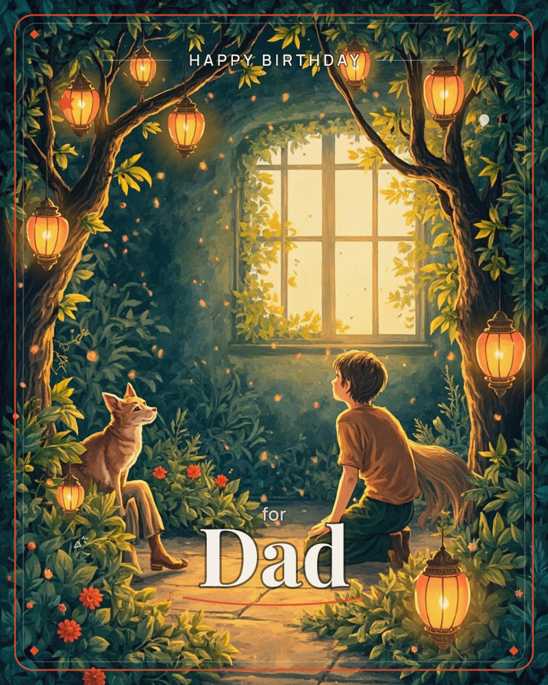 A child kneels on a stone path in a lantern-lit garden nook, gazing up at a fox perched calmly on a low wall beside them, a birthday e-card design