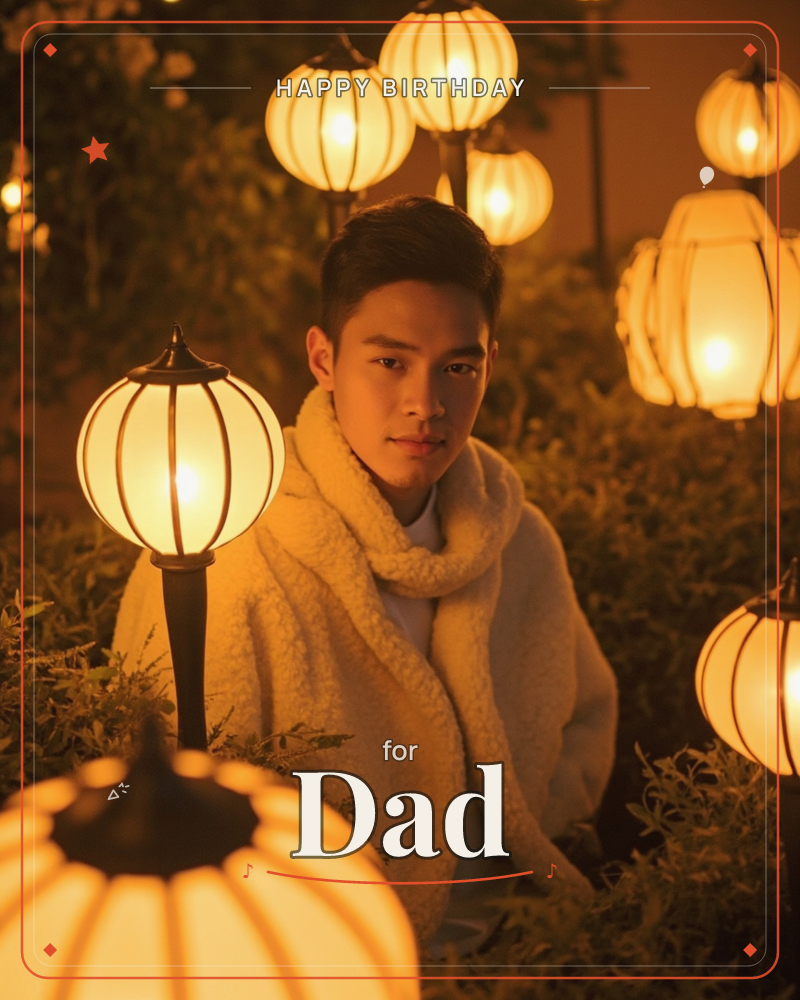 A young man in a cream fleece coat and scarf sits among leafy hedges at night, surrounded by glowing round lanterns strung on posts and branches, a birthday e-card design