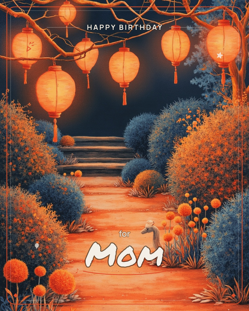 A garden path glows beneath a string of round orange lanterns hanging from bare branches against a deep midnight sky, a birthday e-card design