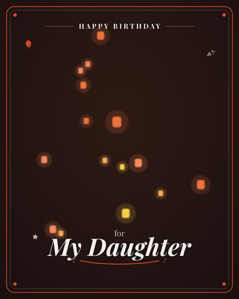 A near-black background glows with scattered orbs of amber, orange, and gold light, each softly haloed like embers drifting upward in the dark, a birthday e-card design by @DittyCityTeam