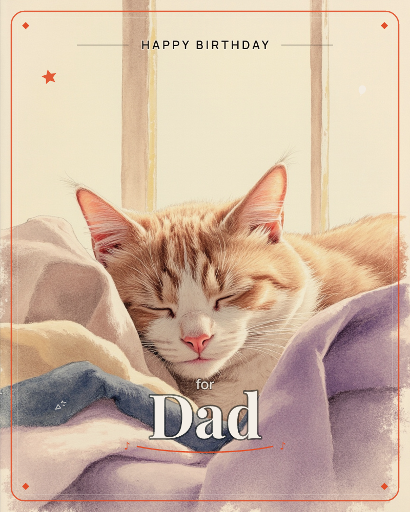 An orange tabby cat naps snugly nestled among rumpled blankets in shades of lavender, cream and slate blue, its eyes closed and ears relaxed in soft…, a birthday e-card design